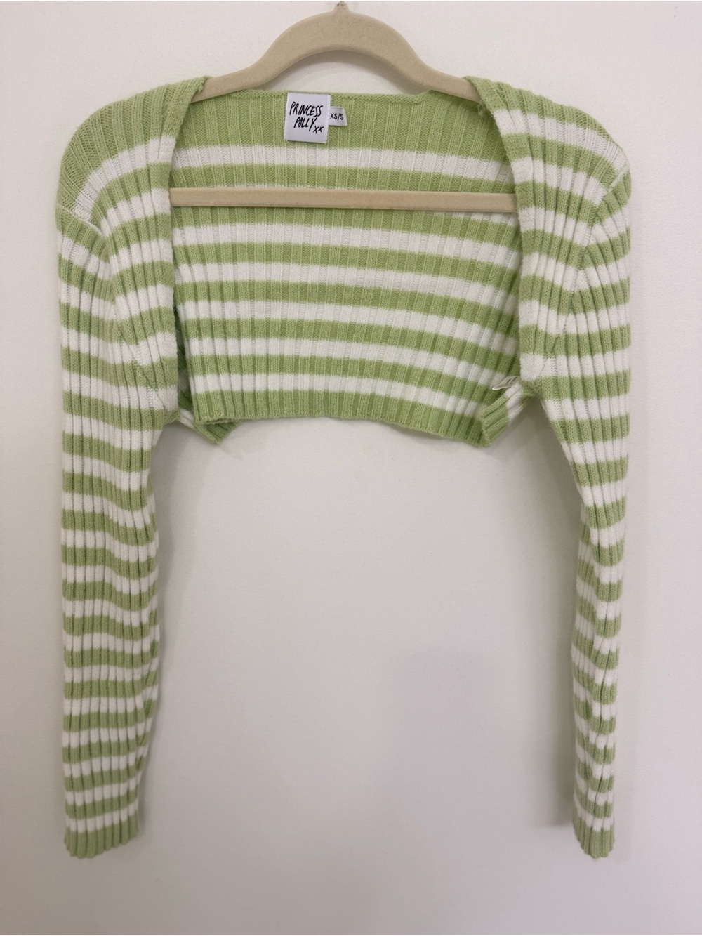 Princess Polly Green & White Striped Cropped Bolero Sweater Women’s size XS/S
